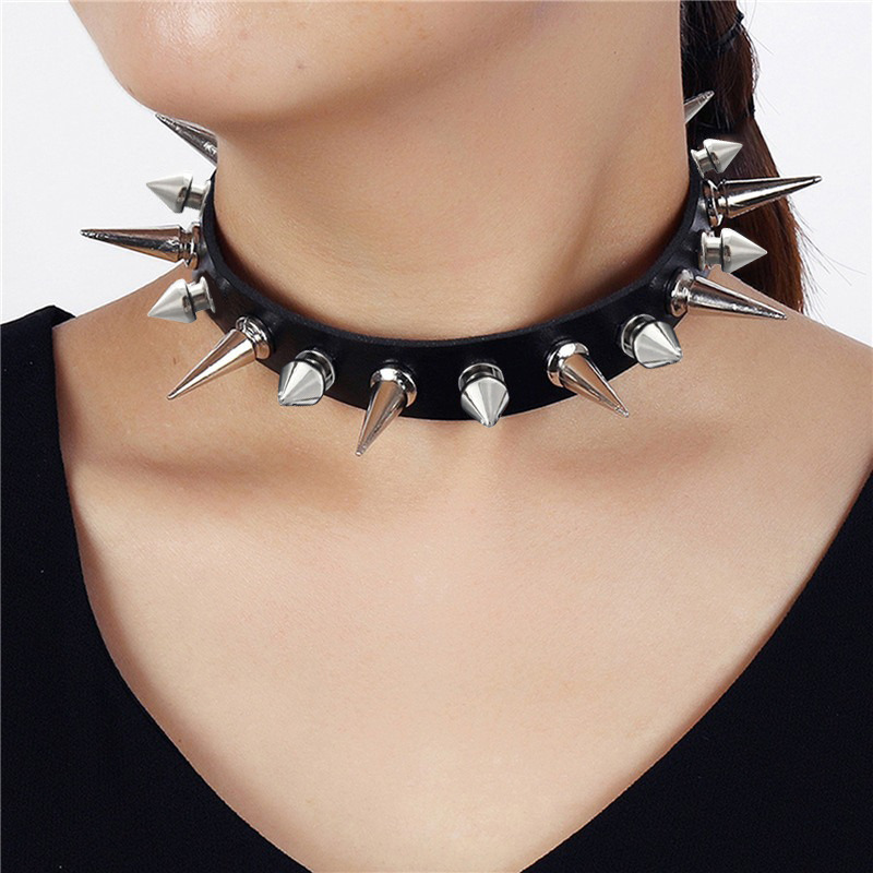 Goth Punk Spike Choker - Punk Lange Spike Choker Kunstleren Kraag